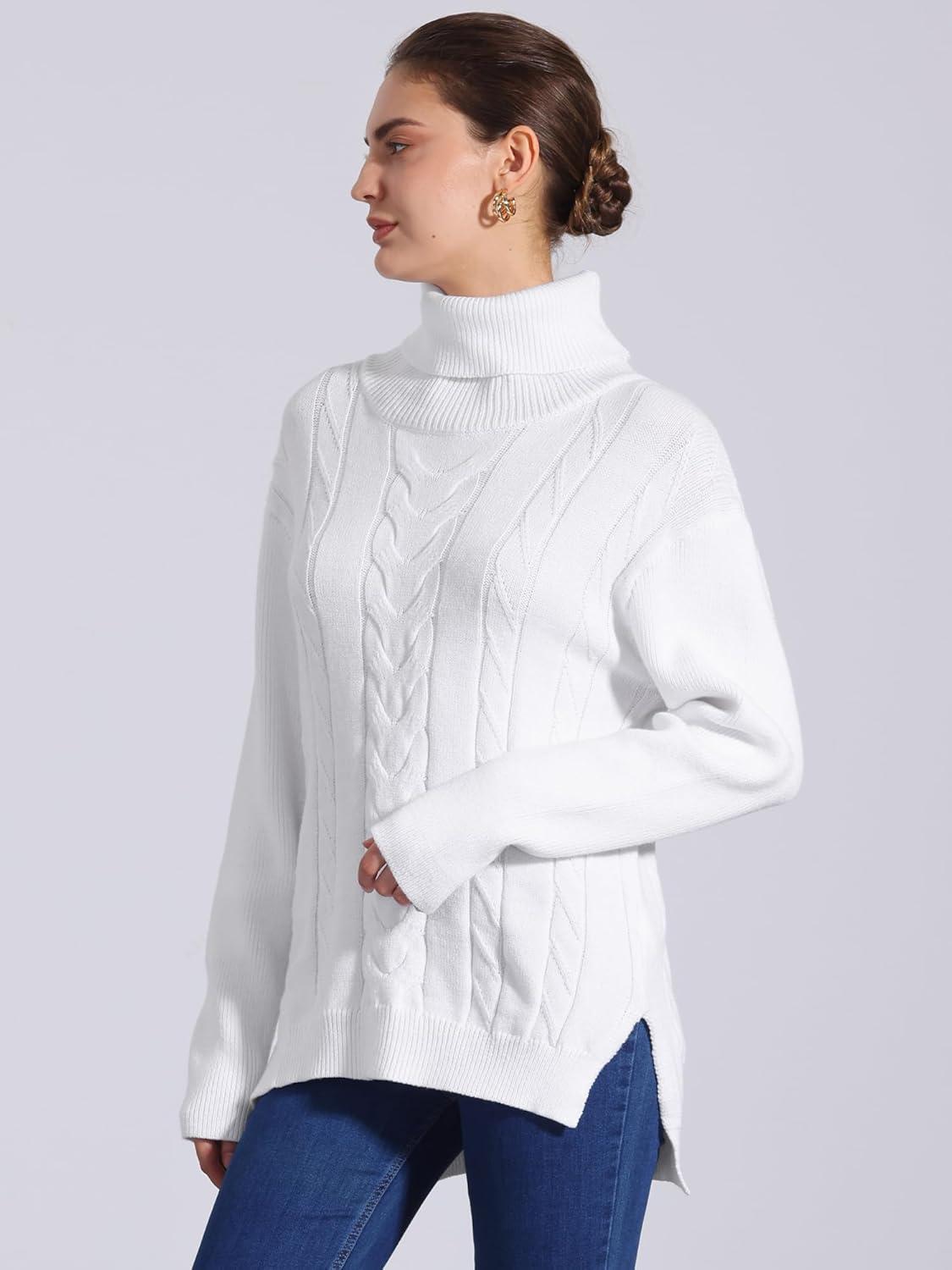 imageAllegra K Womens Oversized Sweaters Turtleneck Spilt Hem Cable Knit Pullover TopsWhite