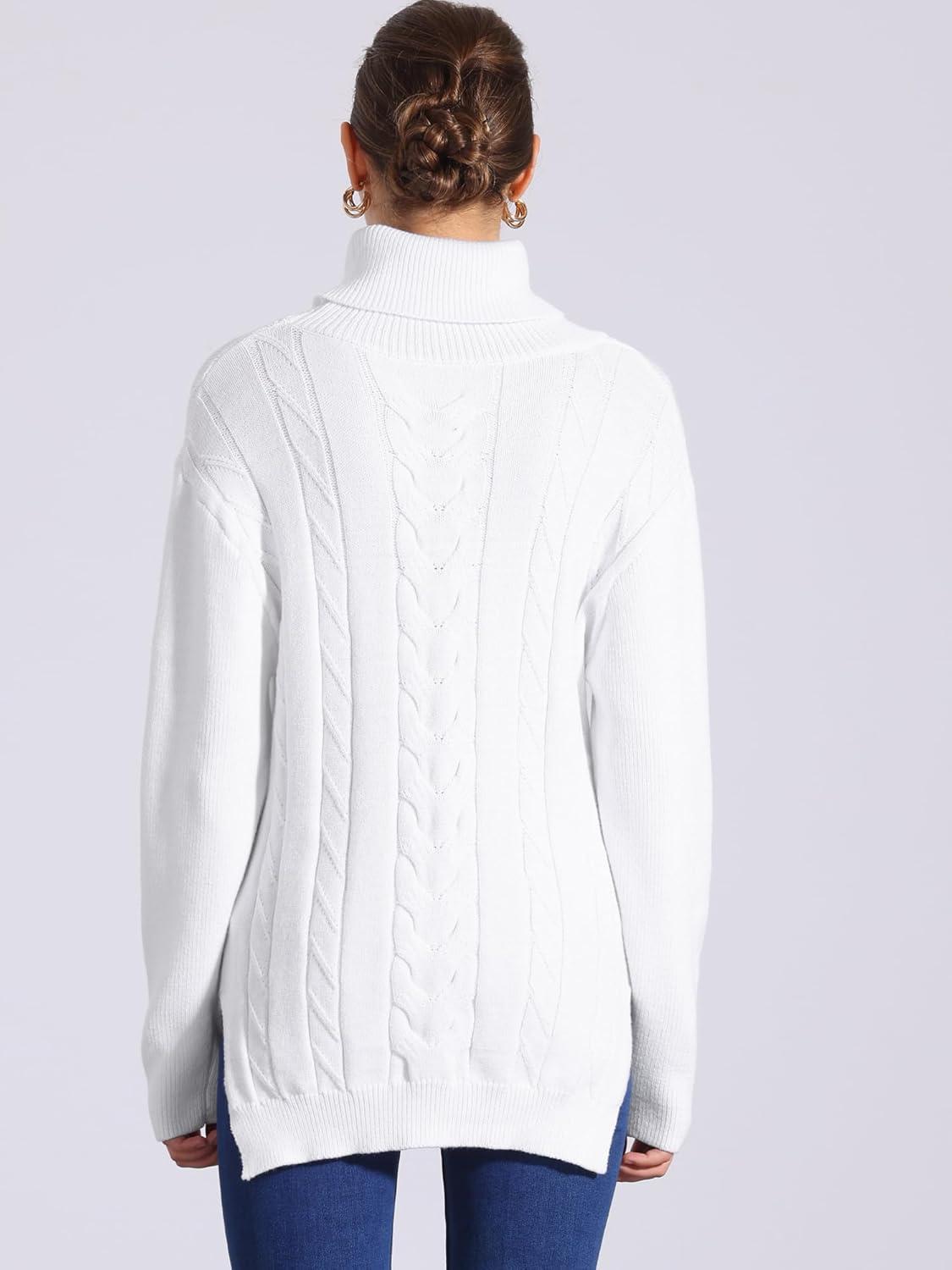 imageAllegra K Womens Oversized Sweaters Turtleneck Spilt Hem Cable Knit Pullover TopsWhite