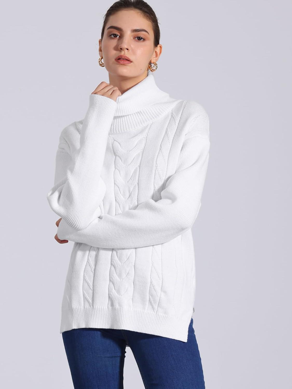 imageAllegra K Womens Oversized Sweaters Turtleneck Spilt Hem Cable Knit Pullover TopsWhite