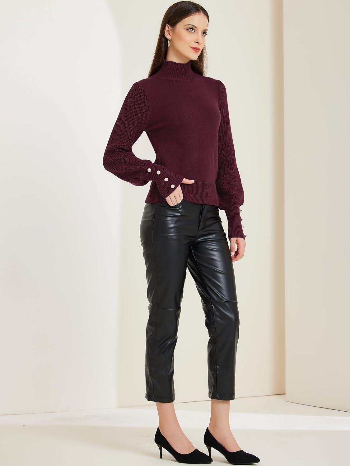 imageAllegra K Womens Ribbed Long Sleeve Turtleneck Stretch Winter Pullover Knit Sweater TopBurgundy