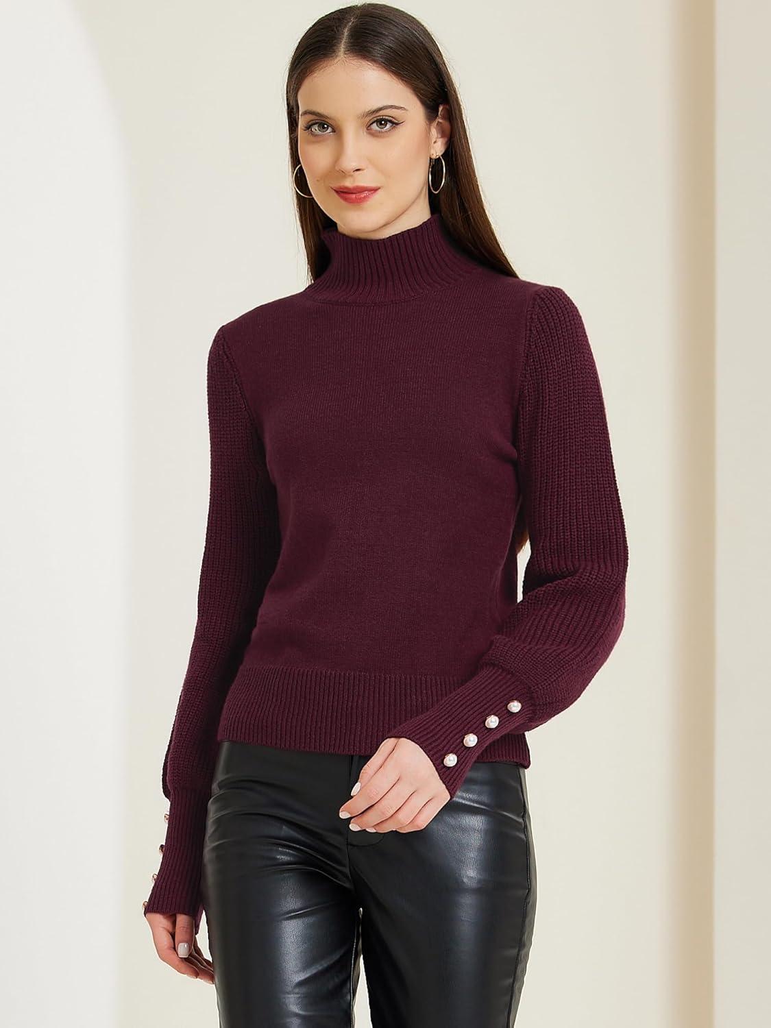 imageAllegra K Womens Ribbed Long Sleeve Turtleneck Stretch Winter Pullover Knit Sweater TopBurgundy