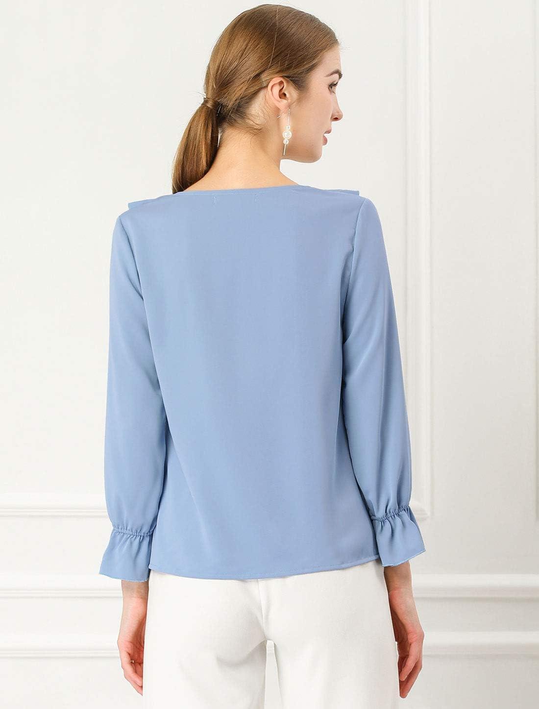 imageAllegra K Womens Ruffle Blouse for Business Work Elegant V Neck Long Sleeve Casual Dressy TopBaby Blue