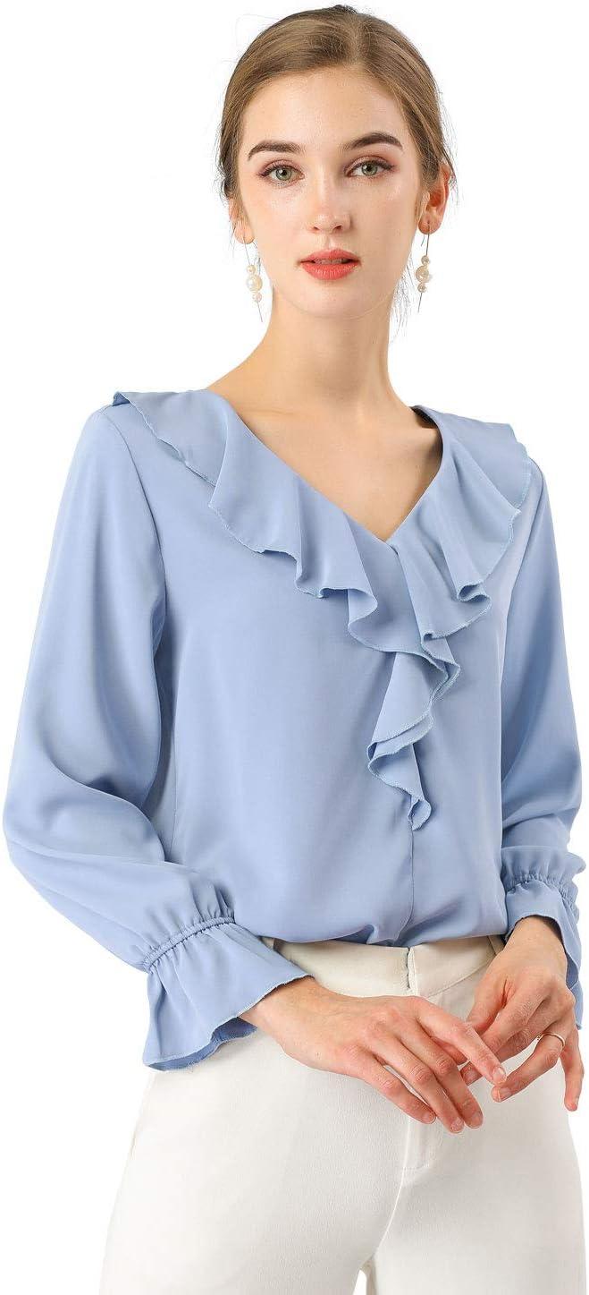 imageAllegra K Womens Ruffle Blouse for Business Work Elegant V Neck Long Sleeve Casual Dressy TopBaby Blue