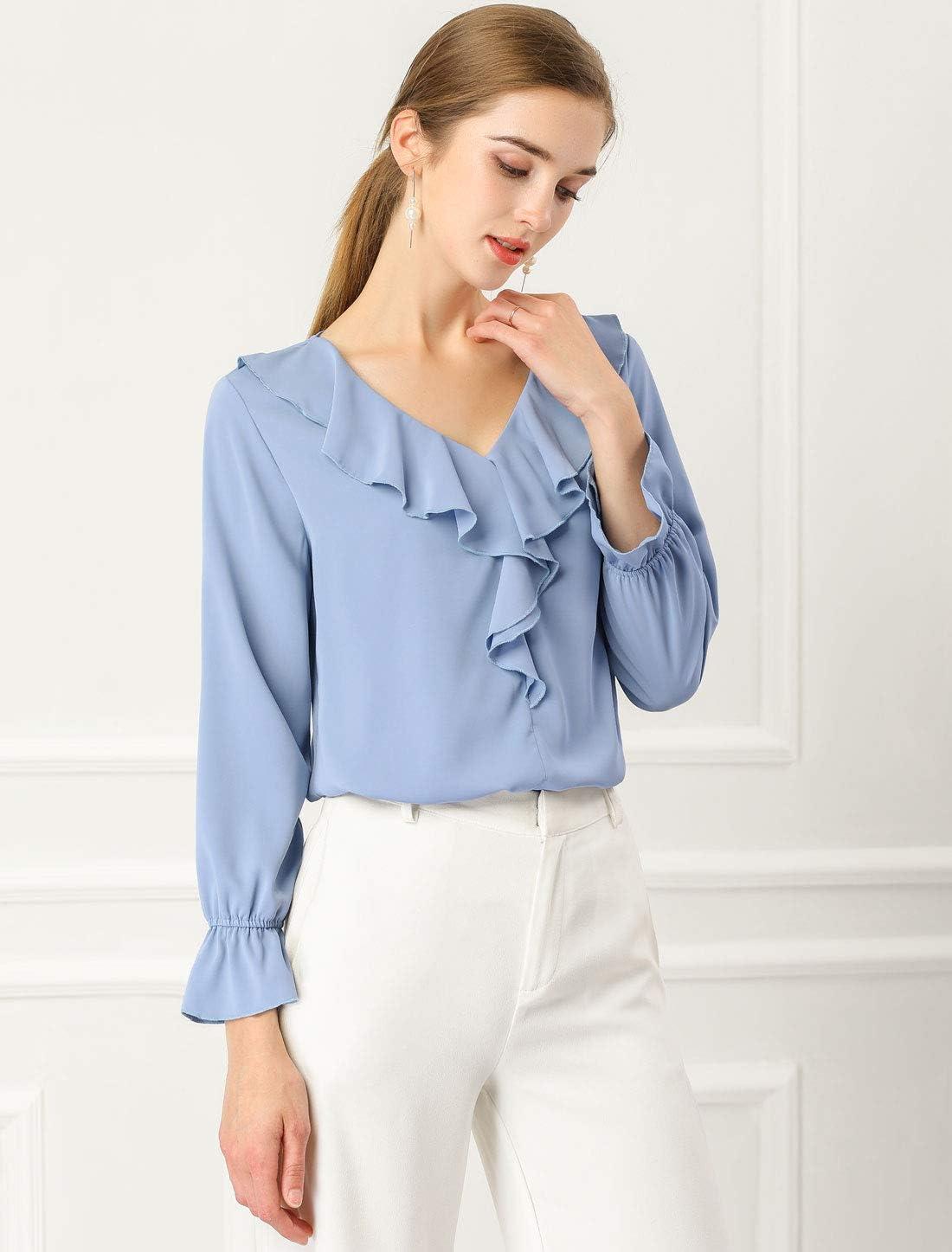 imageAllegra K Womens Ruffle Blouse for Business Work Elegant V Neck Long Sleeve Casual Dressy TopBaby Blue