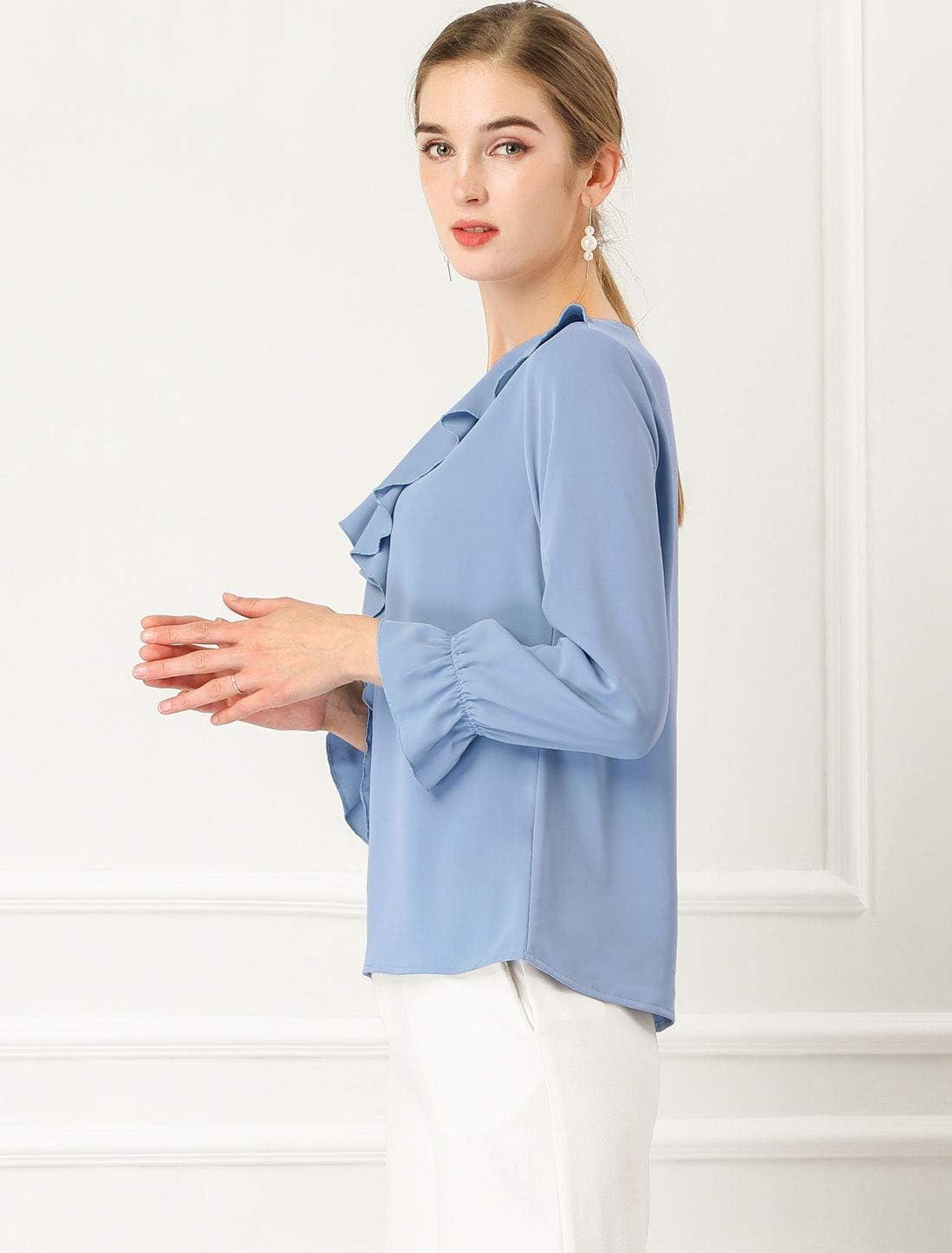imageAllegra K Womens Ruffle Blouse for Business Work Elegant V Neck Long Sleeve Casual Dressy TopBaby Blue