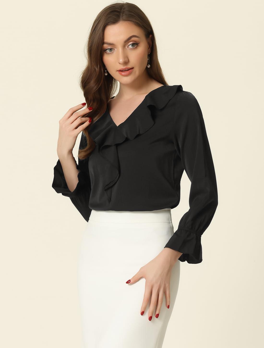 imageAllegra K Womens Ruffle Blouse for Business Work Elegant V Neck Long Sleeve Casual Dressy TopBlack