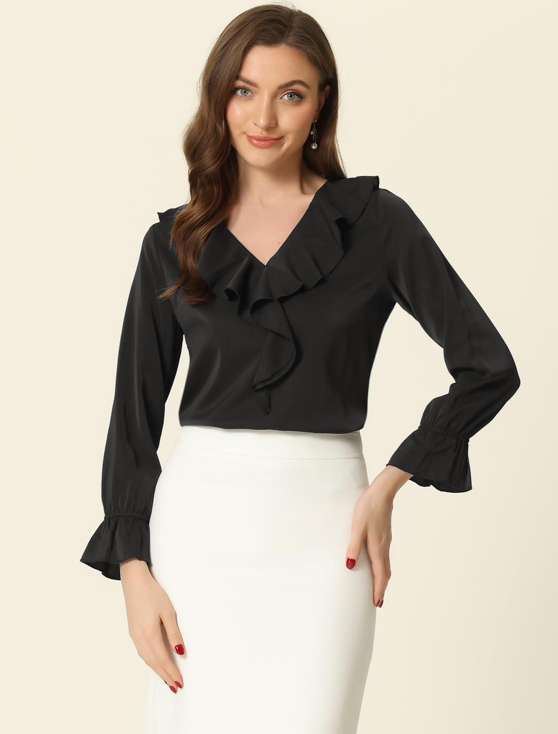 imageAllegra K Womens Ruffle Blouse for Business Work Elegant V Neck Long Sleeve Casual Dressy TopBlack
