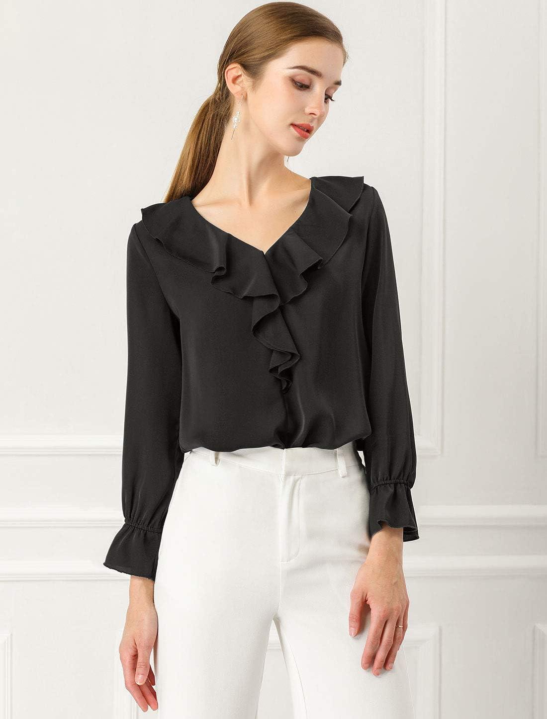 imageAllegra K Womens Ruffle Blouse for Business Work Elegant V Neck Long Sleeve Casual Dressy TopBlack