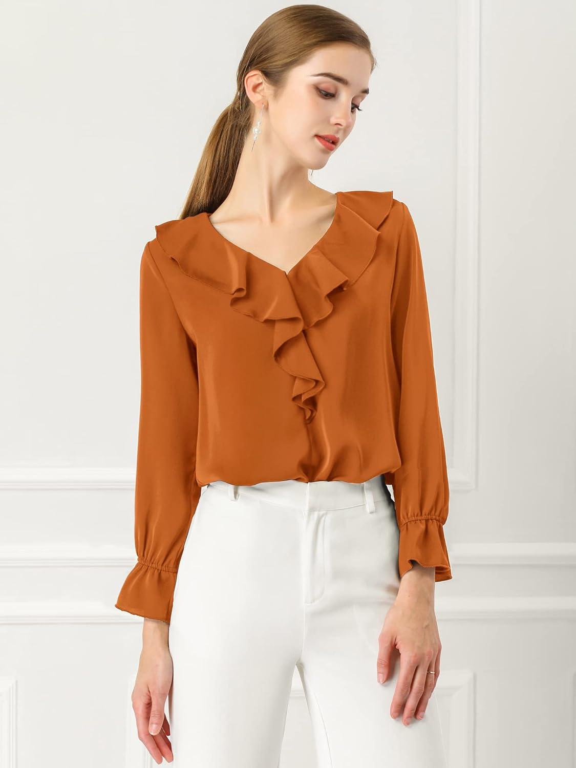 imageAllegra K Womens Ruffle Blouse for Business Work Elegant V Neck Long Sleeve Casual Dressy TopBrown