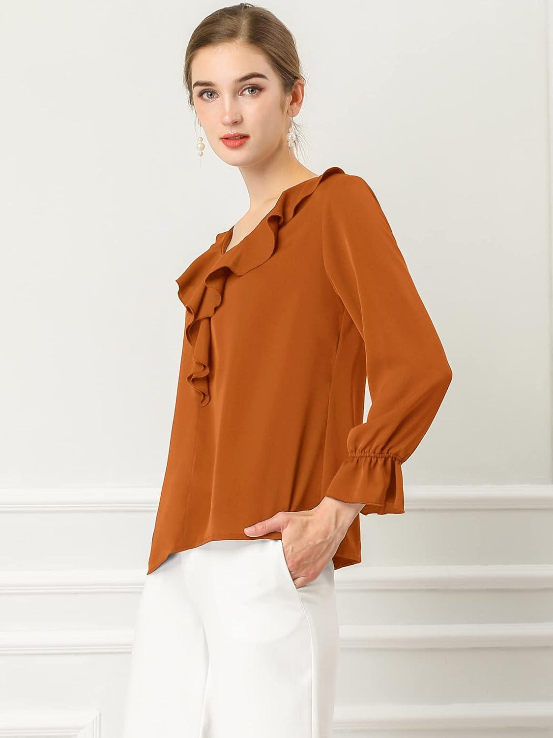 imageAllegra K Womens Ruffle Blouse for Business Work Elegant V Neck Long Sleeve Casual Dressy TopBrown