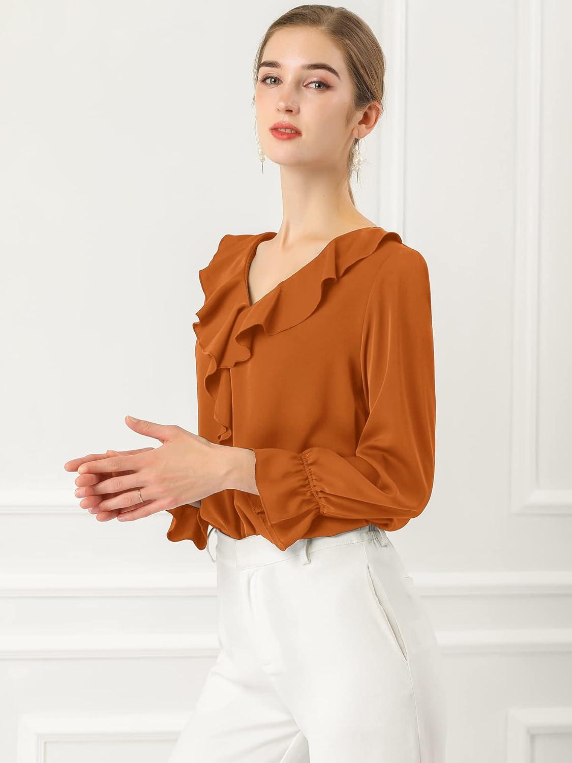 imageAllegra K Womens Ruffle Blouse for Business Work Elegant V Neck Long Sleeve Casual Dressy TopBrown