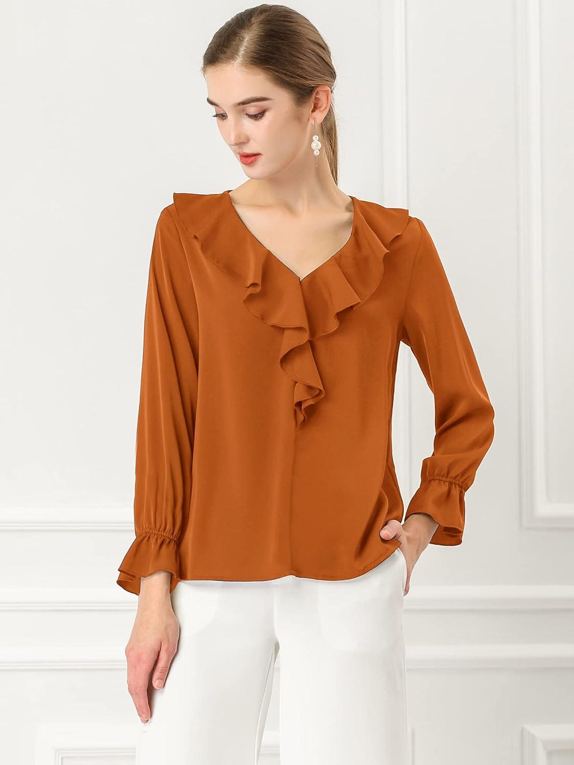 imageAllegra K Womens Ruffle Blouse for Business Work Elegant V Neck Long Sleeve Casual Dressy TopBrown