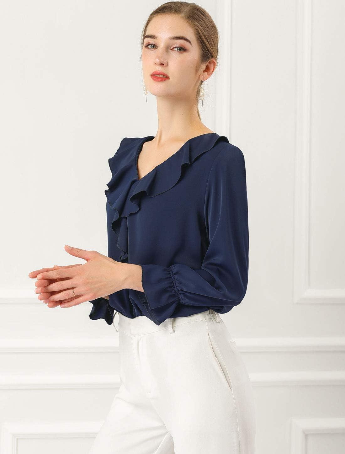 imageAllegra K Womens Ruffle Blouse for Business Work Elegant V Neck Long Sleeve Casual Dressy TopDark Blue