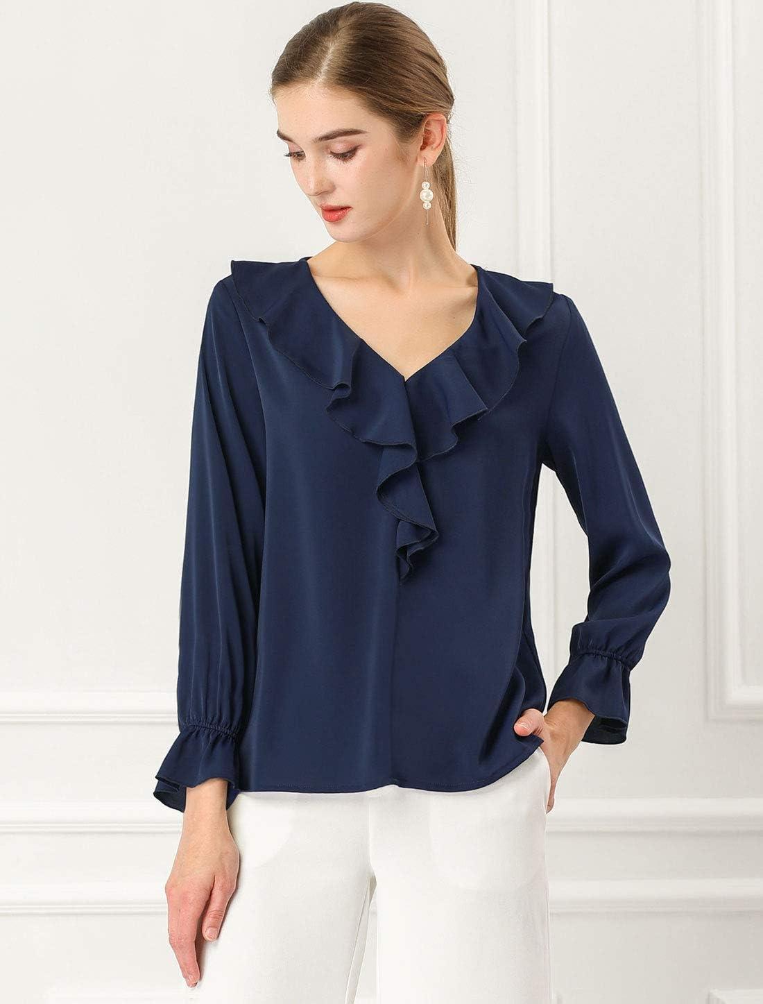 imageAllegra K Womens Ruffle Blouse for Business Work Elegant V Neck Long Sleeve Casual Dressy TopDark Blue