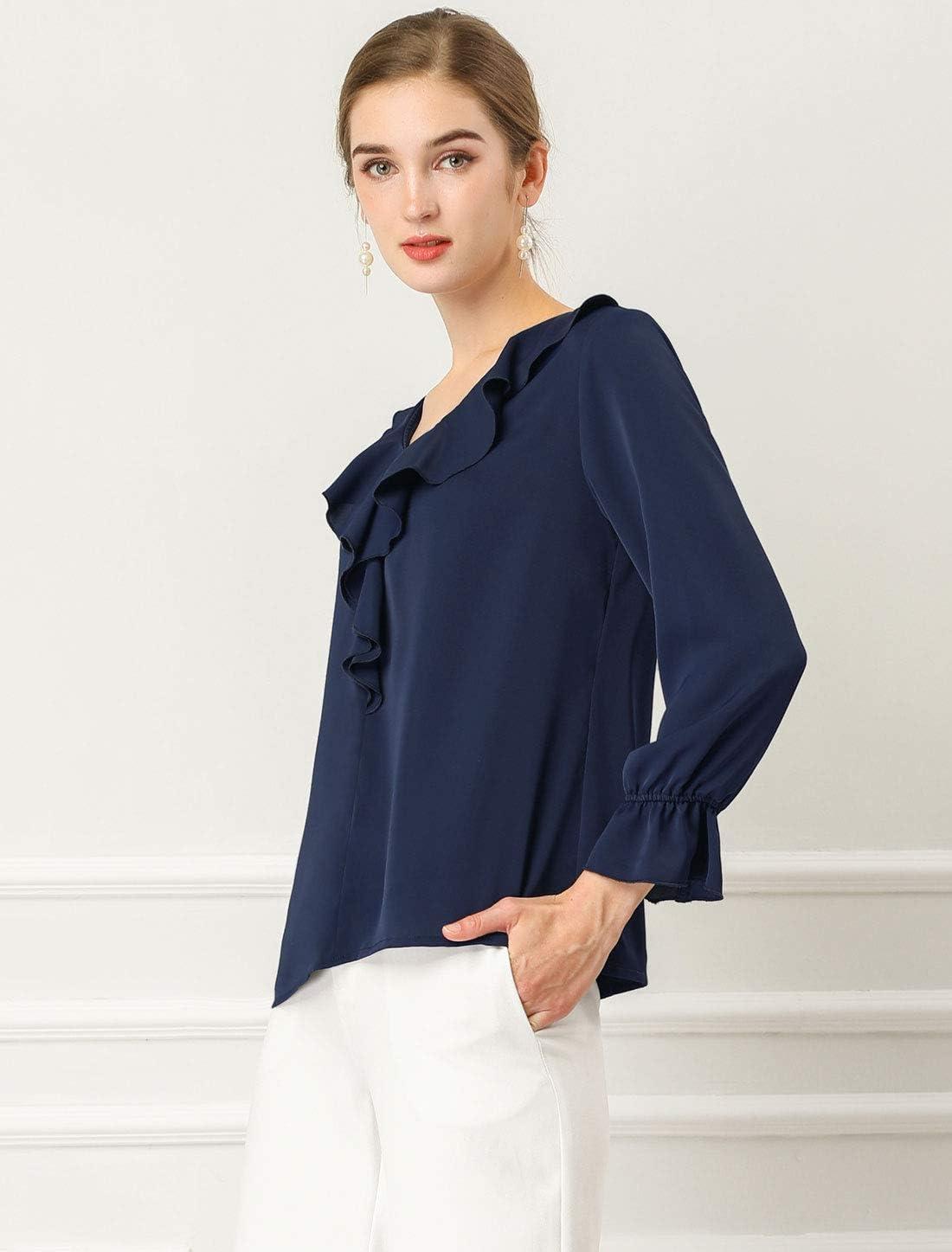 imageAllegra K Womens Ruffle Blouse for Business Work Elegant V Neck Long Sleeve Casual Dressy TopDark Blue