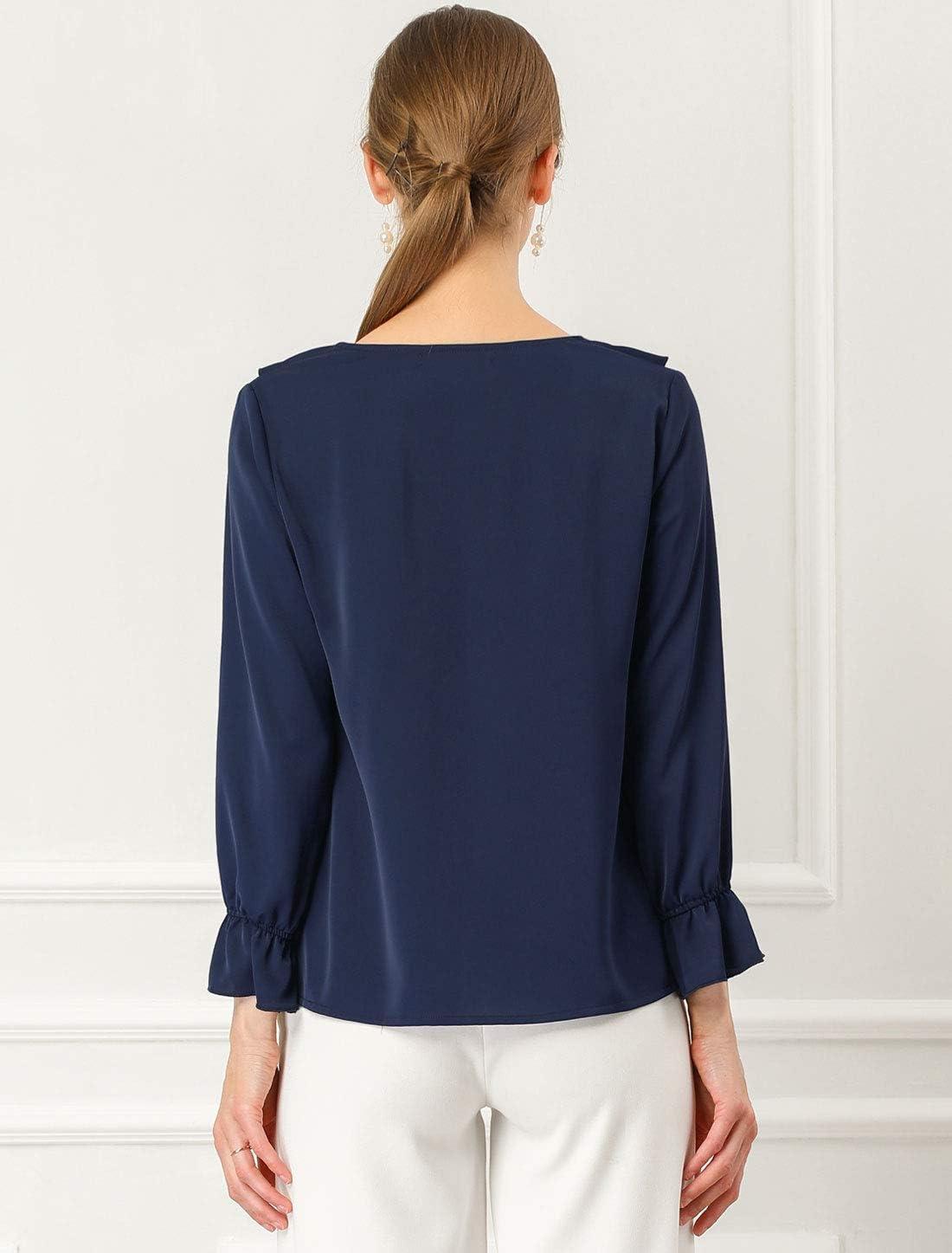 imageAllegra K Womens Ruffle Blouse for Business Work Elegant V Neck Long Sleeve Casual Dressy TopDark Blue