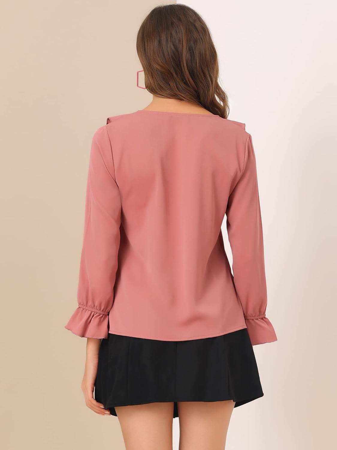 imageAllegra K Womens Ruffle Blouse for Business Work Elegant V Neck Long Sleeve Casual Dressy TopDark Pink