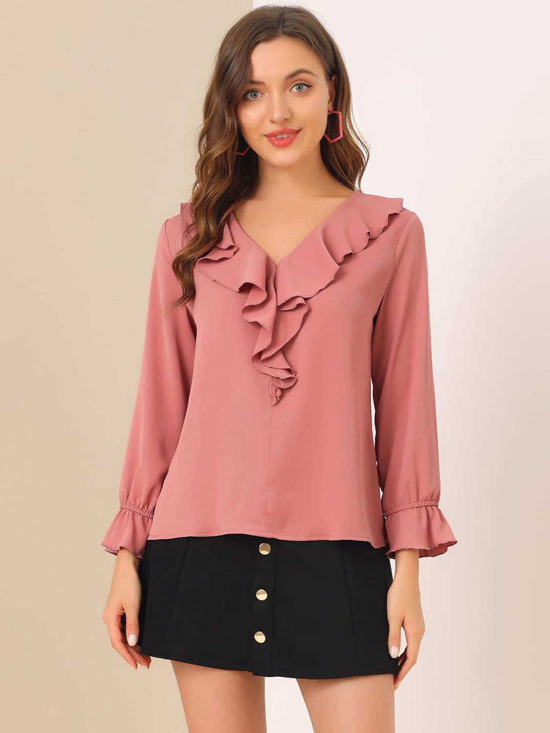 imageAllegra K Womens Ruffle Blouse for Business Work Elegant V Neck Long Sleeve Casual Dressy TopDark Pink