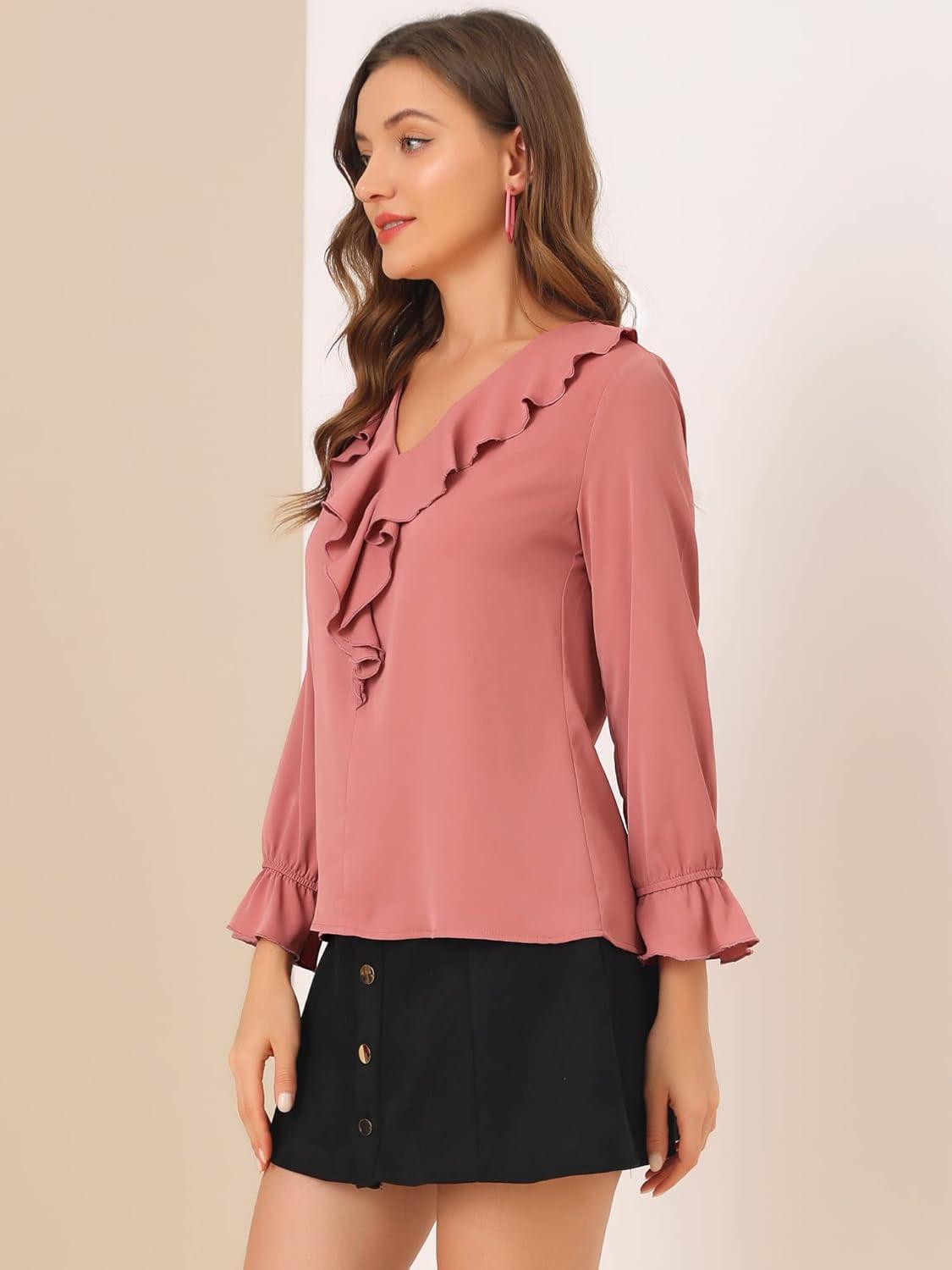 imageAllegra K Womens Ruffle Blouse for Business Work Elegant V Neck Long Sleeve Casual Dressy TopDark Pink