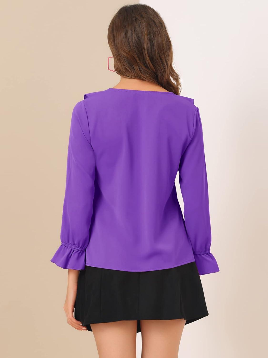 imageAllegra K Womens Ruffle Blouse for Business Work Elegant V Neck Long Sleeve Casual Dressy TopDark Purple
