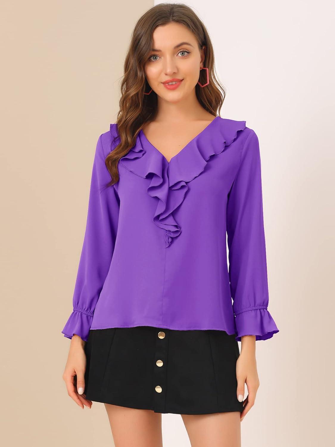 imageAllegra K Womens Ruffle Blouse for Business Work Elegant V Neck Long Sleeve Casual Dressy TopDark Purple
