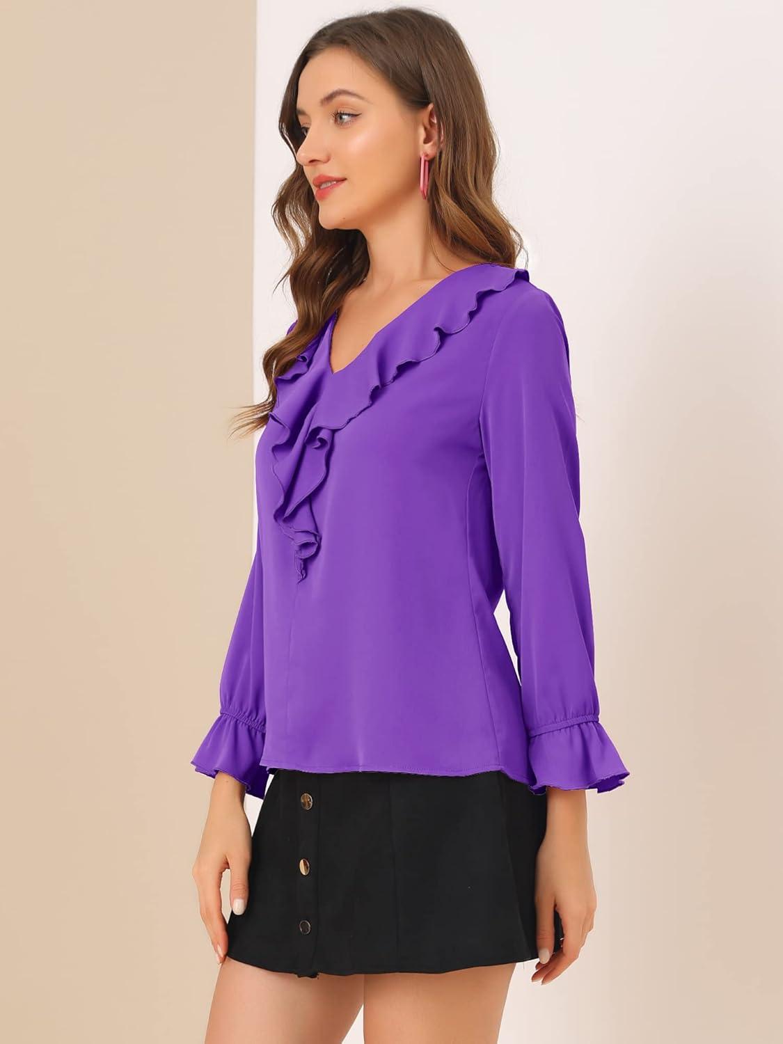 imageAllegra K Womens Ruffle Blouse for Business Work Elegant V Neck Long Sleeve Casual Dressy TopDark Purple