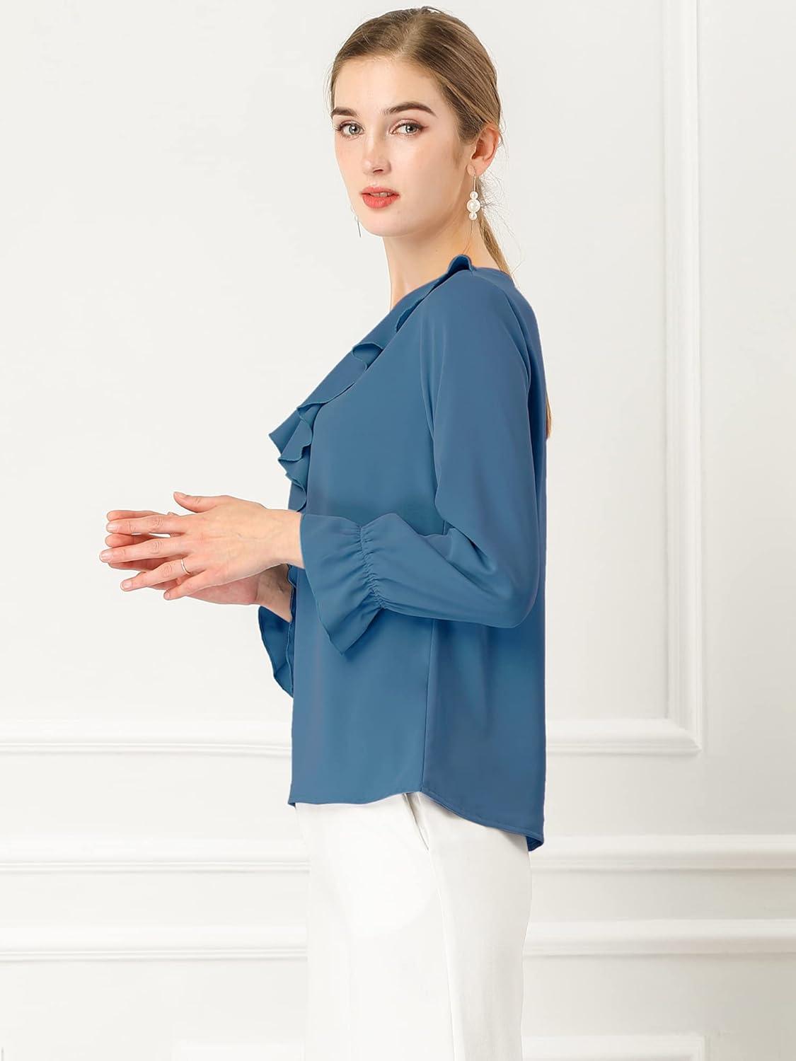 imageAllegra K Womens Ruffle Blouse for Business Work Elegant V Neck Long Sleeve Casual Dressy TopDusty Blue