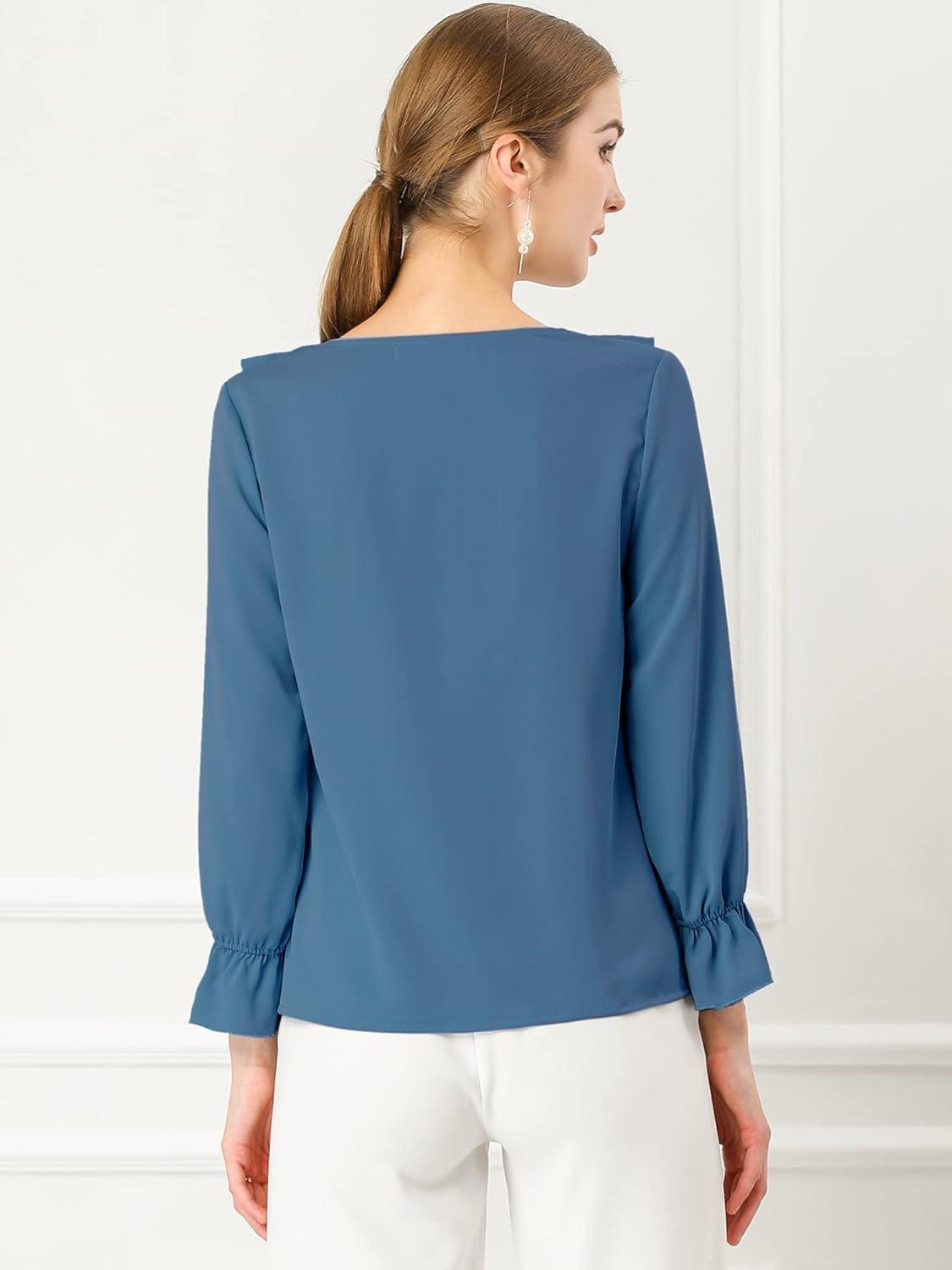 imageAllegra K Womens Ruffle Blouse for Business Work Elegant V Neck Long Sleeve Casual Dressy TopDusty Blue