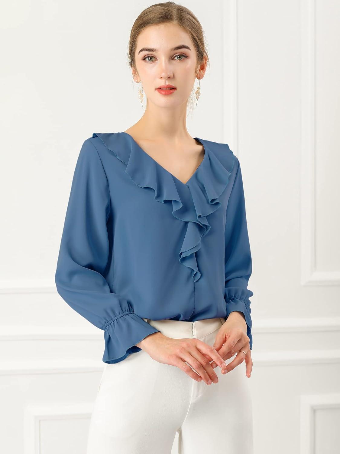 imageAllegra K Womens Ruffle Blouse for Business Work Elegant V Neck Long Sleeve Casual Dressy TopDusty Blue