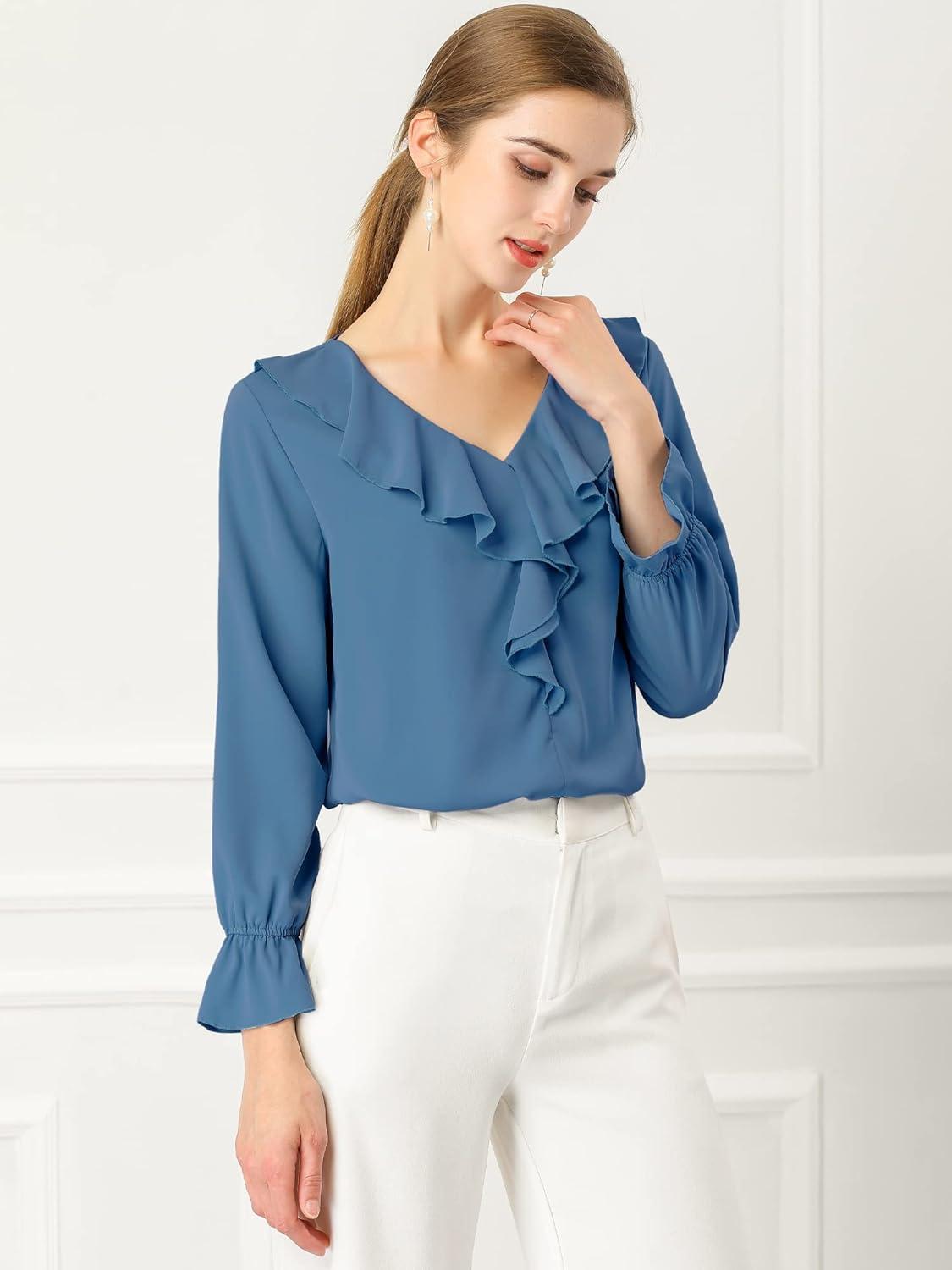 imageAllegra K Womens Ruffle Blouse for Business Work Elegant V Neck Long Sleeve Casual Dressy TopDusty Blue