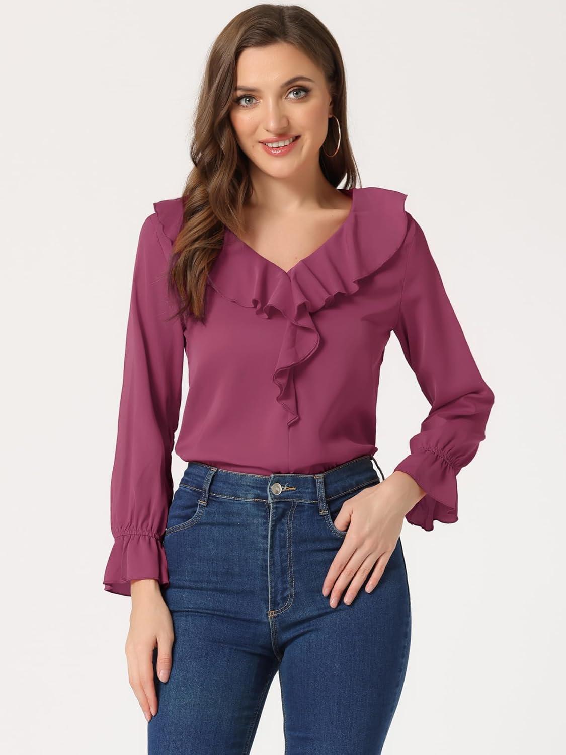 imageAllegra K Womens Ruffle Blouse for Business Work Elegant V Neck Long Sleeve Casual Dressy TopFushcia