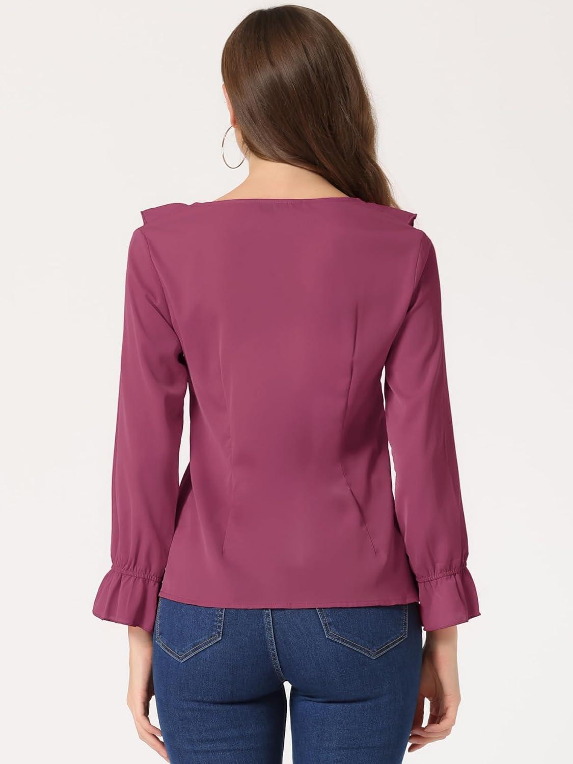 imageAllegra K Womens Ruffle Blouse for Business Work Elegant V Neck Long Sleeve Casual Dressy TopFushcia