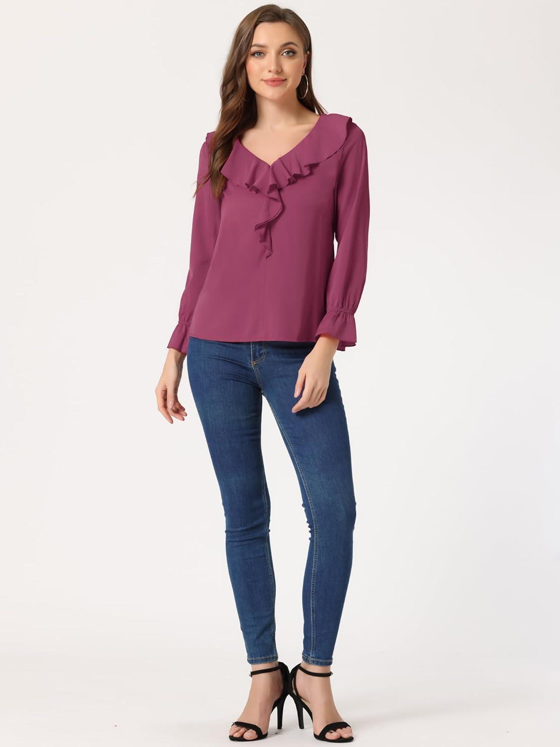 imageAllegra K Womens Ruffle Blouse for Business Work Elegant V Neck Long Sleeve Casual Dressy TopFushcia