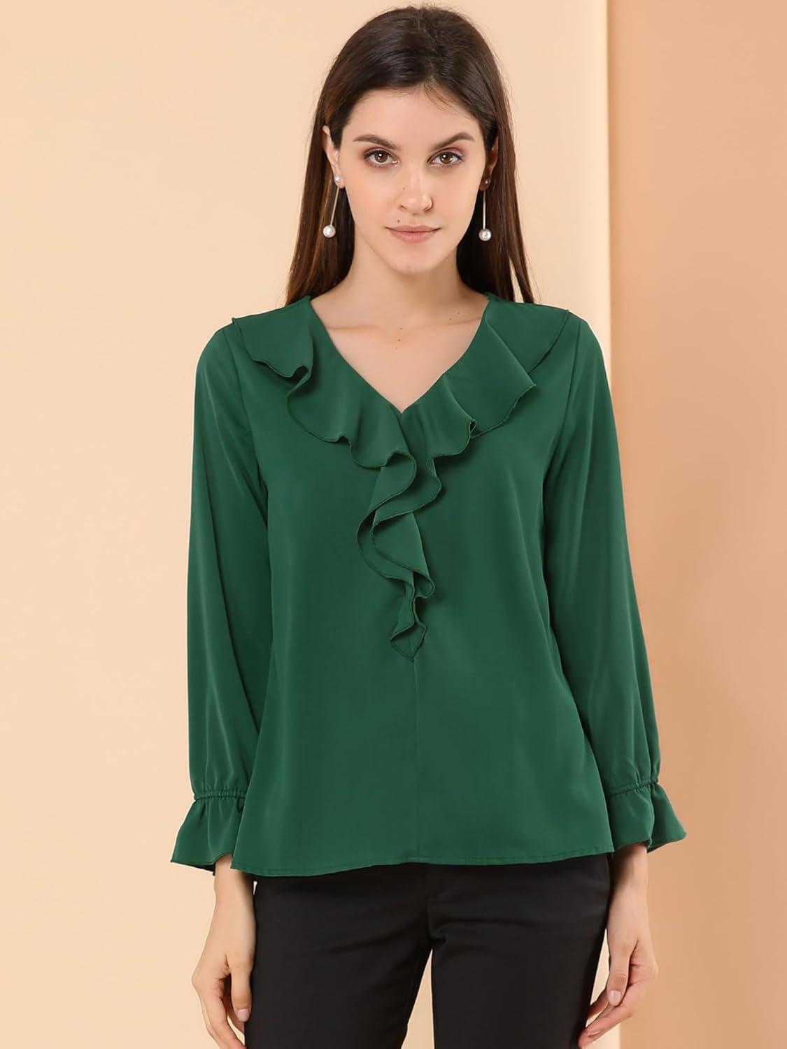 imageAllegra K Womens Ruffle Blouse for Business Work Elegant V Neck Long Sleeve Casual Dressy TopGreen