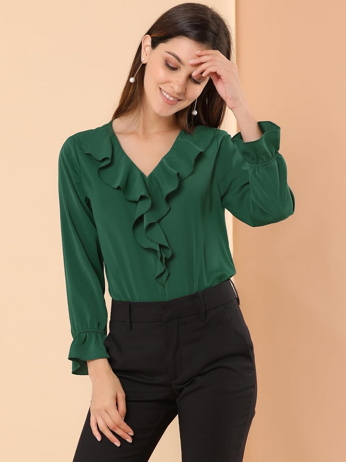 imageAllegra K Womens Ruffle Blouse for Business Work Elegant V Neck Long Sleeve Casual Dressy TopGreen