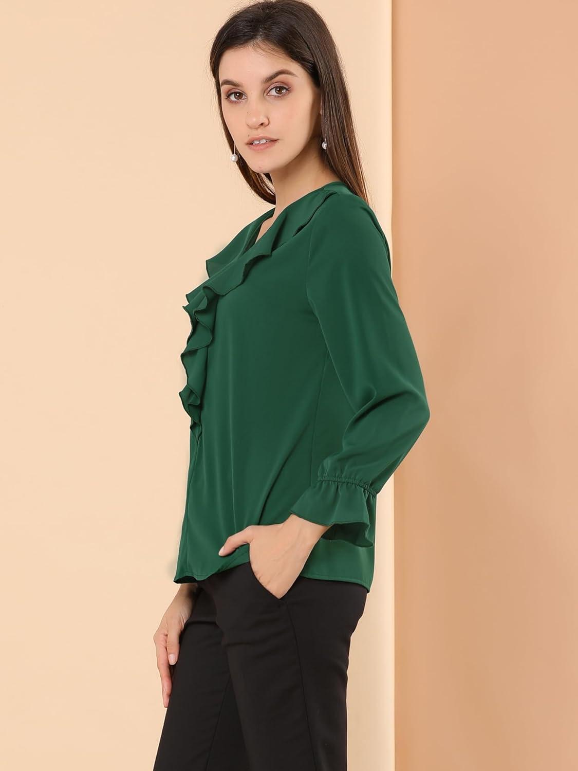 imageAllegra K Womens Ruffle Blouse for Business Work Elegant V Neck Long Sleeve Casual Dressy TopGreen