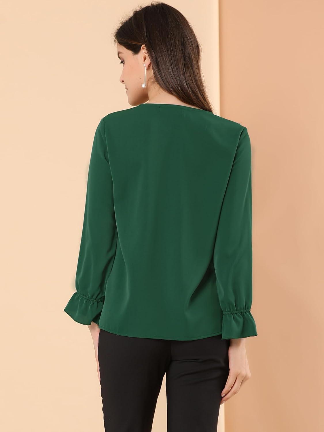 imageAllegra K Womens Ruffle Blouse for Business Work Elegant V Neck Long Sleeve Casual Dressy TopGreen