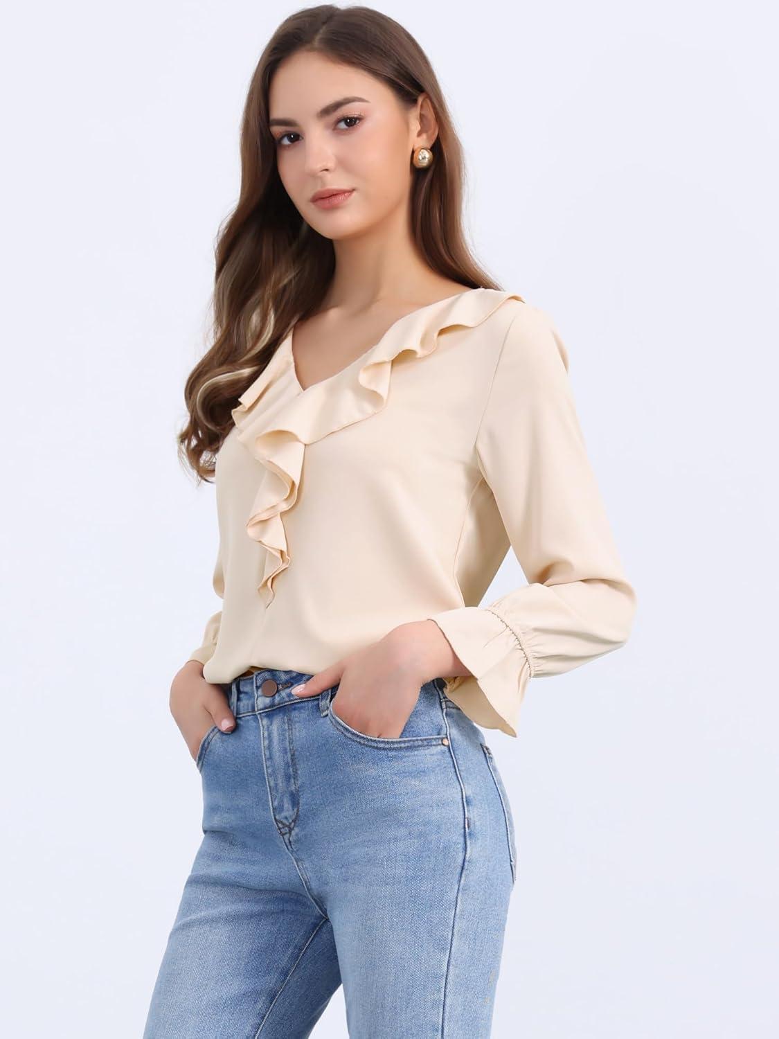 imageAllegra K Womens Ruffle Blouse for Business Work Elegant V Neck Long Sleeve Casual Dressy TopLight Beige
