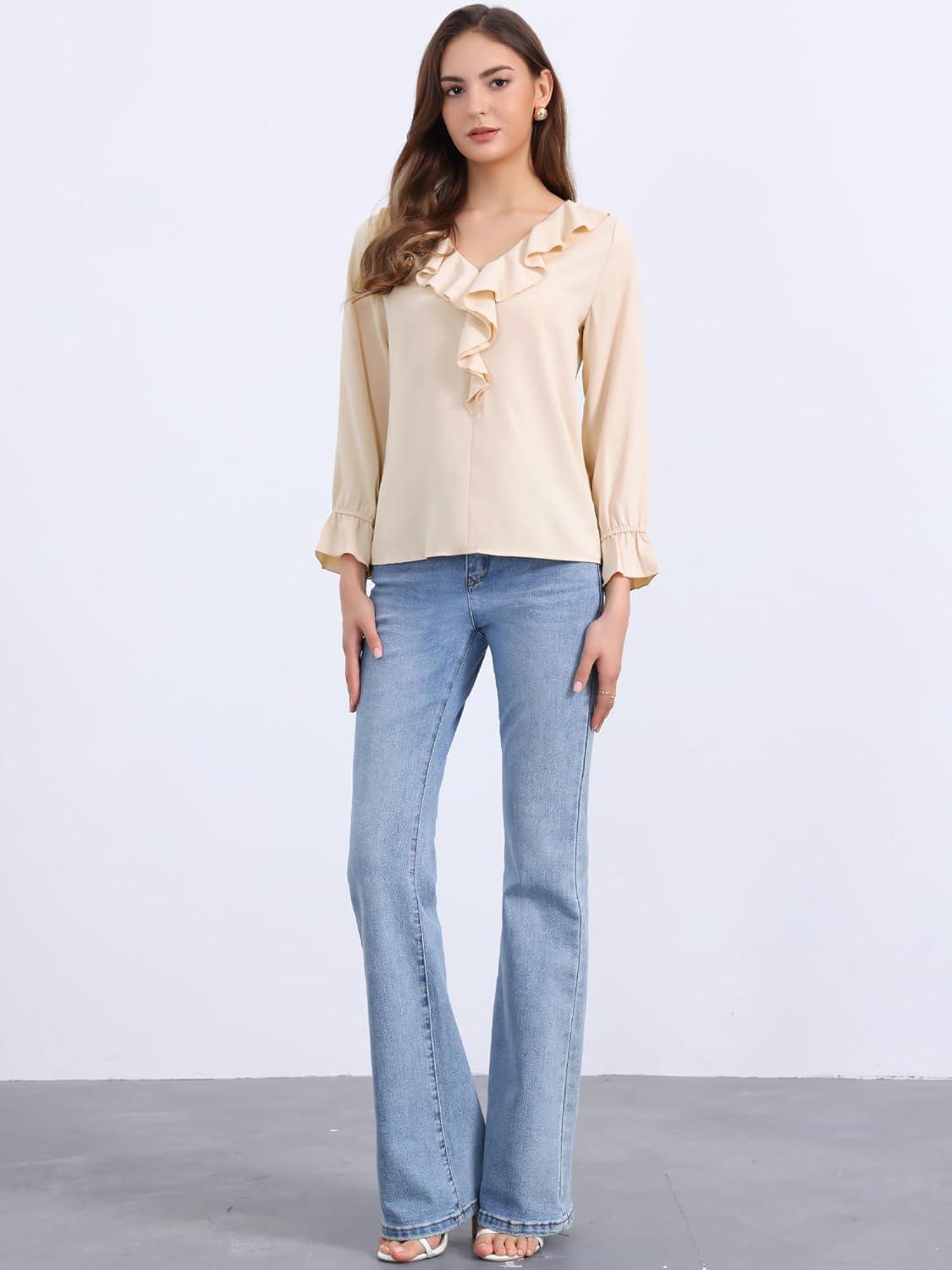 imageAllegra K Womens Ruffle Blouse for Business Work Elegant V Neck Long Sleeve Casual Dressy TopLight Beige