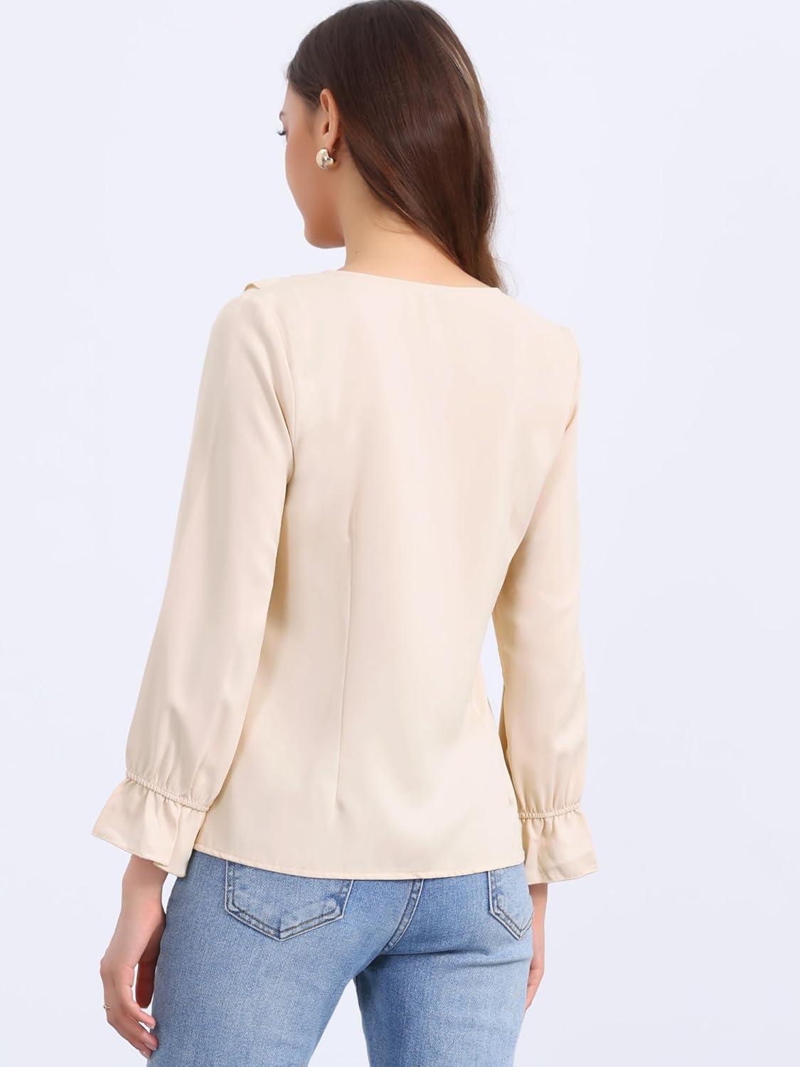 imageAllegra K Womens Ruffle Blouse for Business Work Elegant V Neck Long Sleeve Casual Dressy TopLight Beige