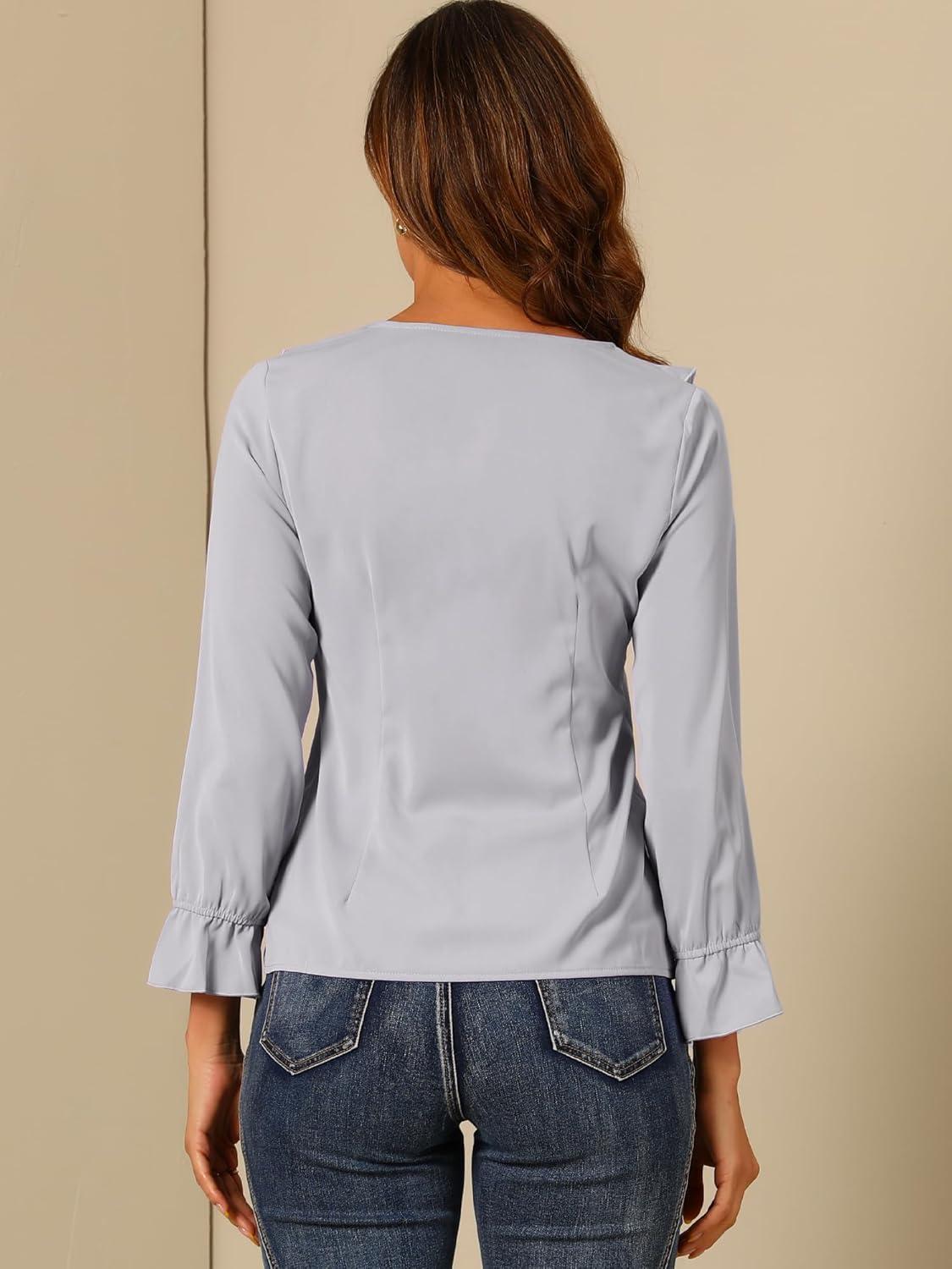 imageAllegra K Womens Ruffle Blouse for Business Work Elegant V Neck Long Sleeve Casual Dressy TopLight Grey