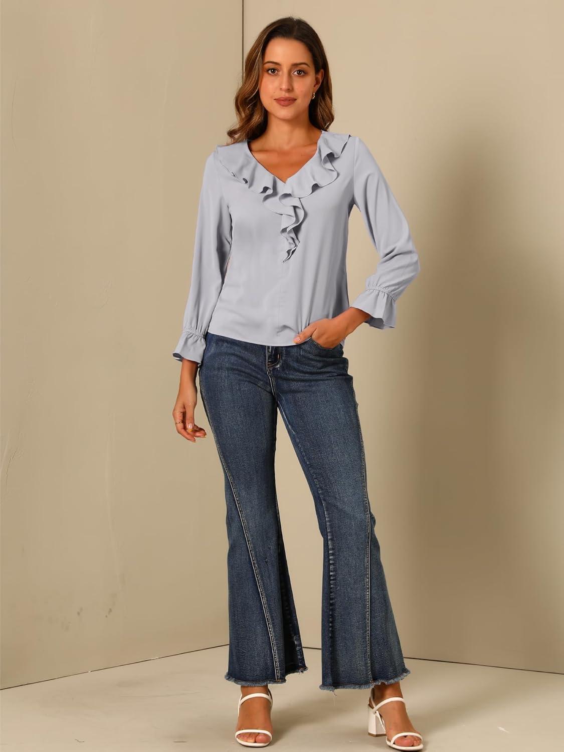 imageAllegra K Womens Ruffle Blouse for Business Work Elegant V Neck Long Sleeve Casual Dressy TopLight Grey