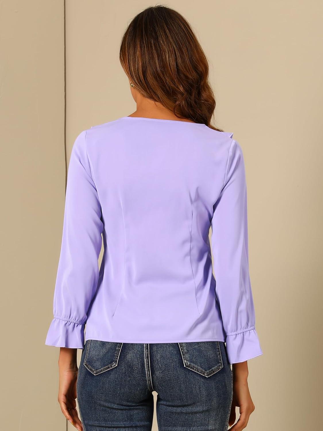 imageAllegra K Womens Ruffle Blouse for Business Work Elegant V Neck Long Sleeve Casual Dressy TopLight Purple