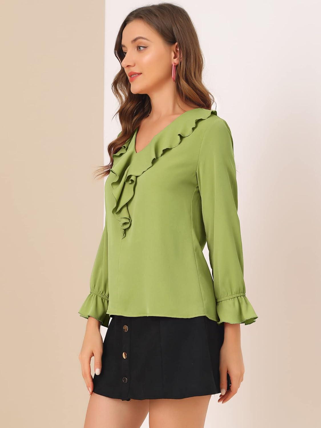 imageAllegra K Womens Ruffle Blouse for Business Work Elegant V Neck Long Sleeve Casual Dressy TopPea Green