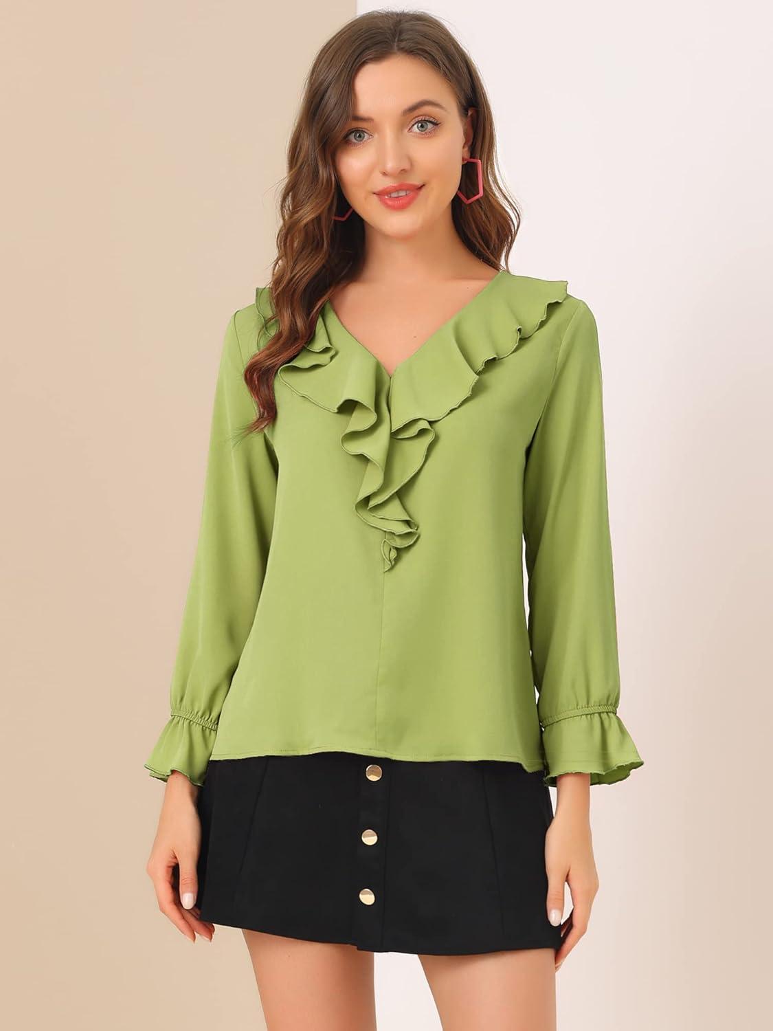 imageAllegra K Womens Ruffle Blouse for Business Work Elegant V Neck Long Sleeve Casual Dressy TopPea Green