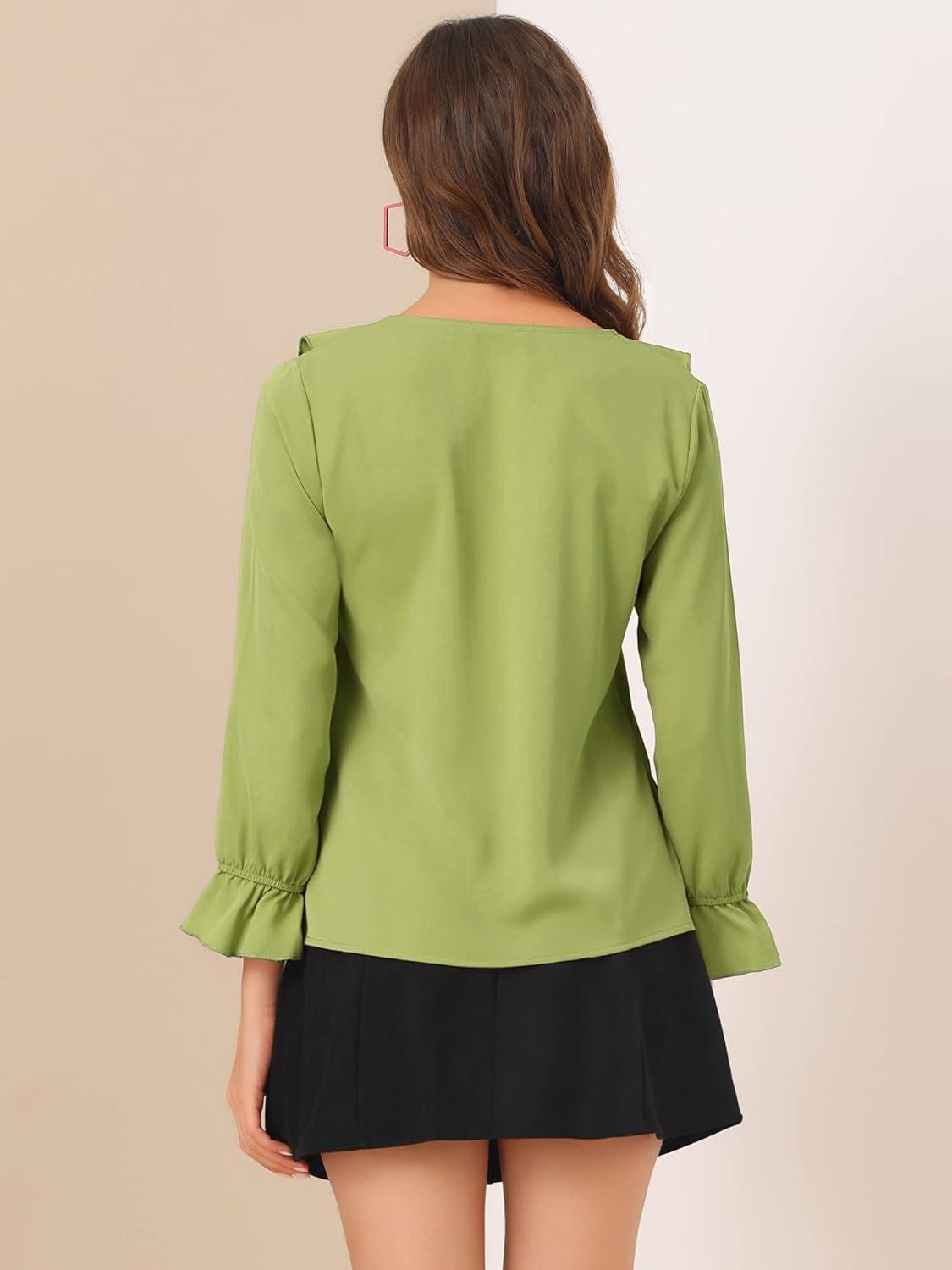 imageAllegra K Womens Ruffle Blouse for Business Work Elegant V Neck Long Sleeve Casual Dressy TopPea Green