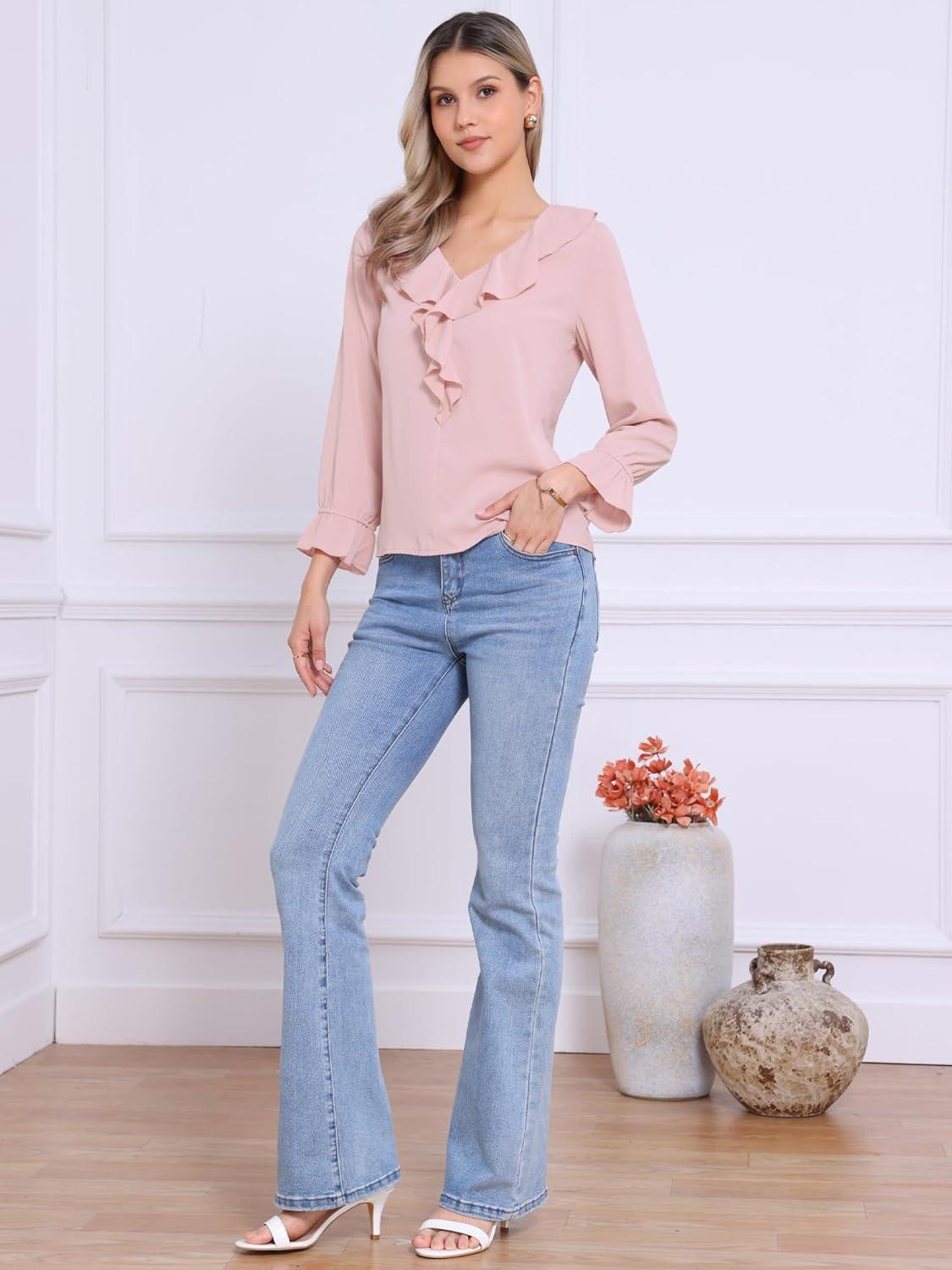 imageAllegra K Womens Ruffle Blouse for Business Work Elegant V Neck Long Sleeve Casual Dressy TopPink
