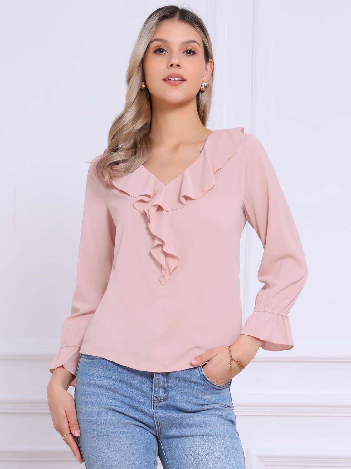 imageAllegra K Womens Ruffle Blouse for Business Work Elegant V Neck Long Sleeve Casual Dressy TopPink