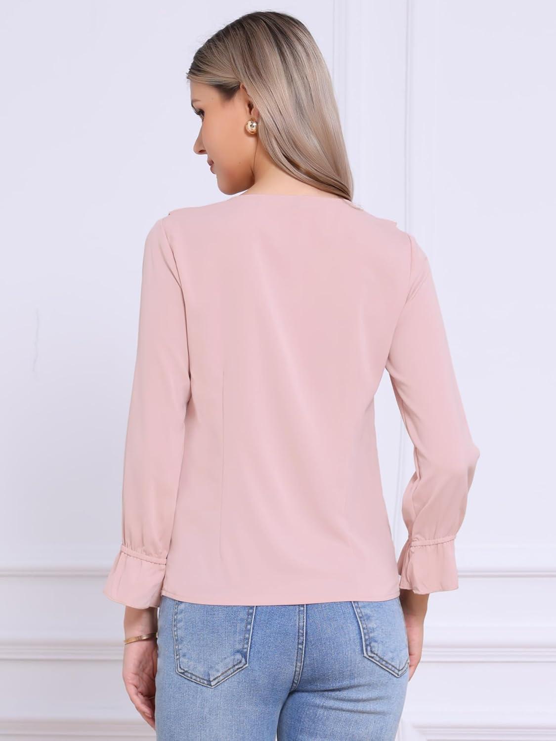 imageAllegra K Womens Ruffle Blouse for Business Work Elegant V Neck Long Sleeve Casual Dressy TopPink