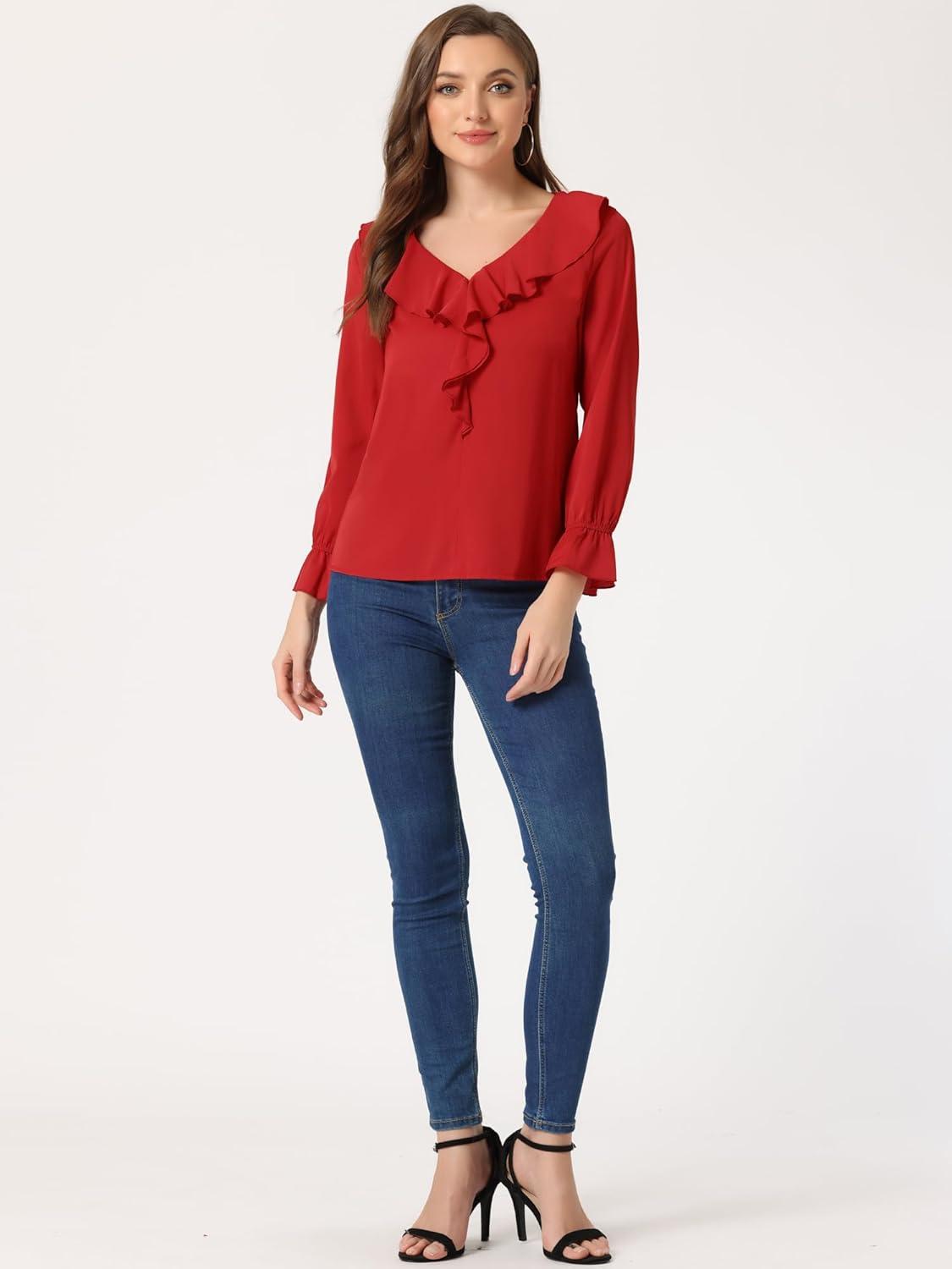 imageAllegra K Womens Ruffle Blouse for Business Work Elegant V Neck Long Sleeve Casual Dressy TopRed